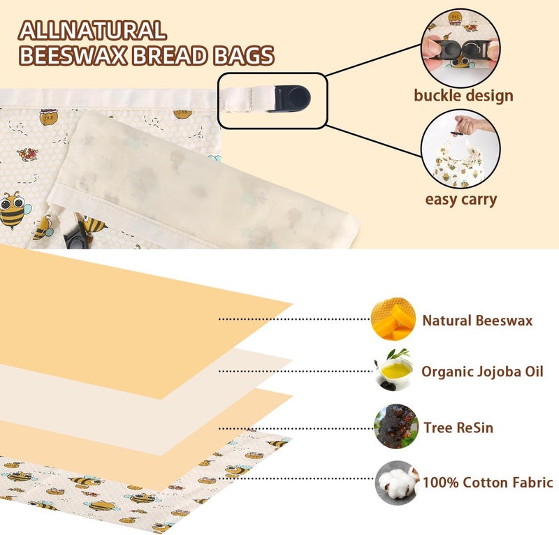 Vakeen Sourdough Bread Bags, Reusable Beeswax Bread Bags for Homemade Bread, 17"×13" Natural Beeswax Cotton Loaf Bag, Easy to Clean Bakery Essentials (2 Pack) - Image 2
